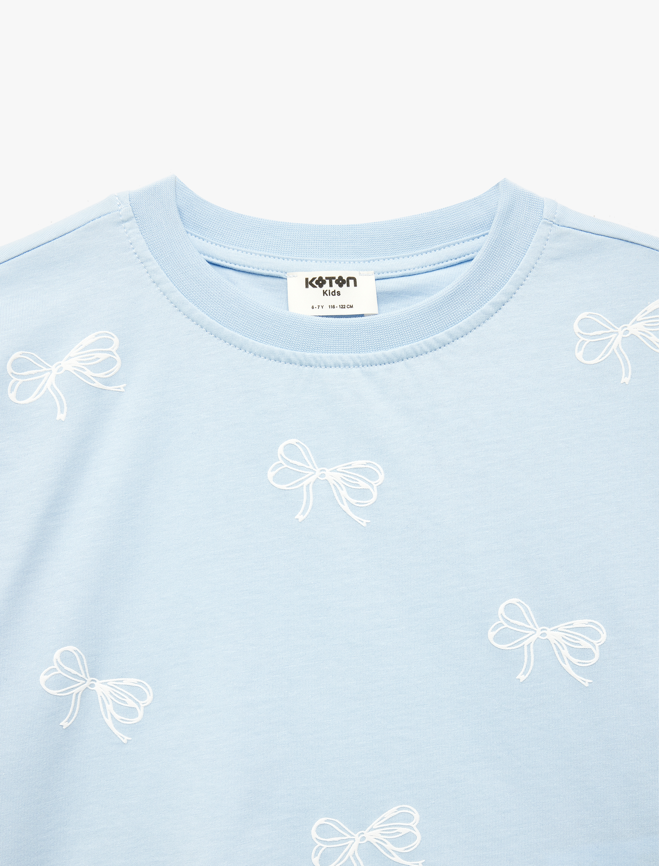  Kız Çocuk Kurdele Detaylı Pamuklu Kısa Kollu Bisiklet Yaka Tişört