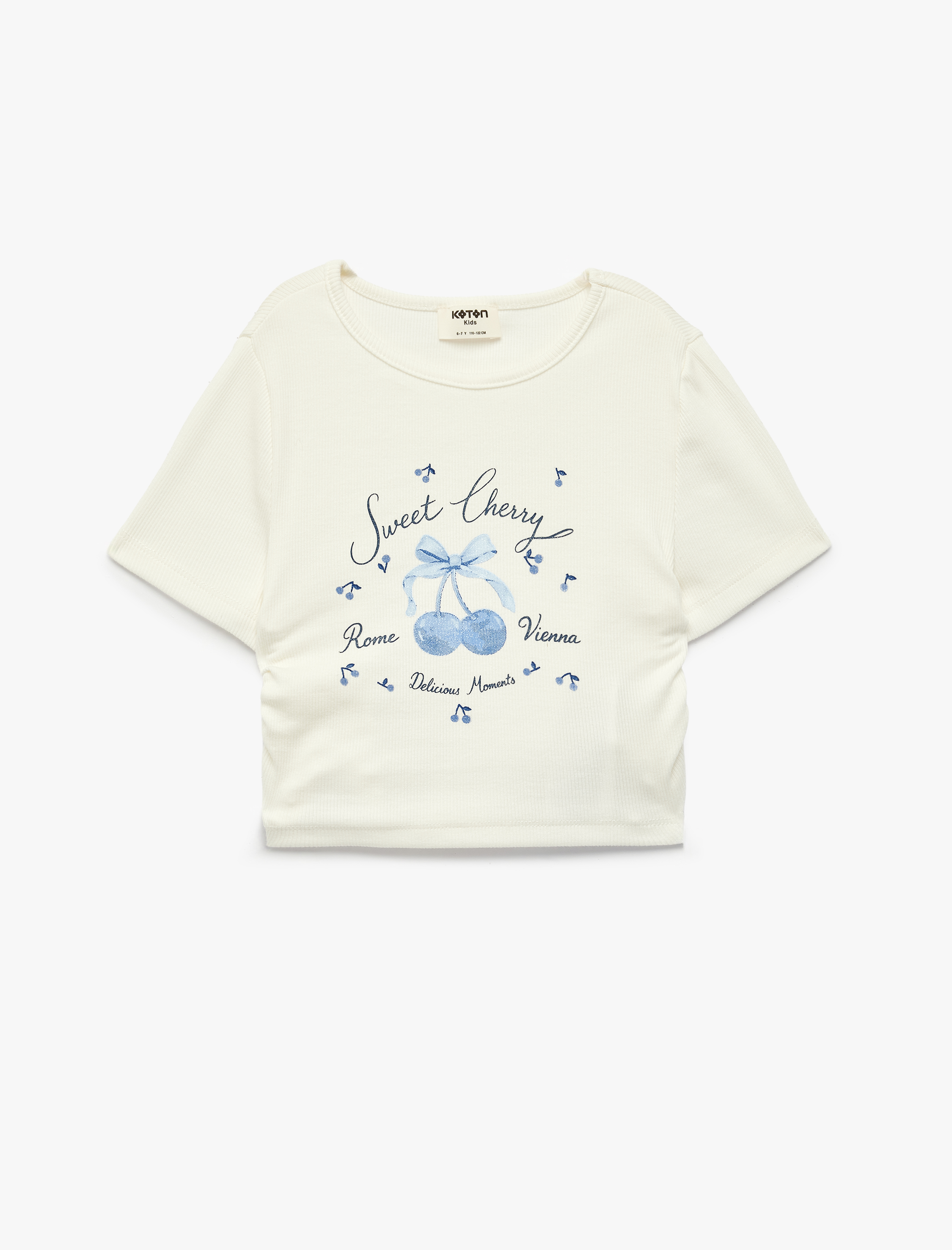  Kız Çocuk Pamuklu Kısa Kollu Bisiklet Yaka Kiraz Baskılı Tişört