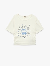 Pamuklu Kısa Kollu Bisiklet Yaka Kiraz Baskılı Tişört