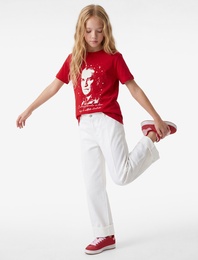 Pamuklu Bisiklet Yaka Kısa Kollu Parıltılı Taş Detaylı Atatürk Baskılı Tişört