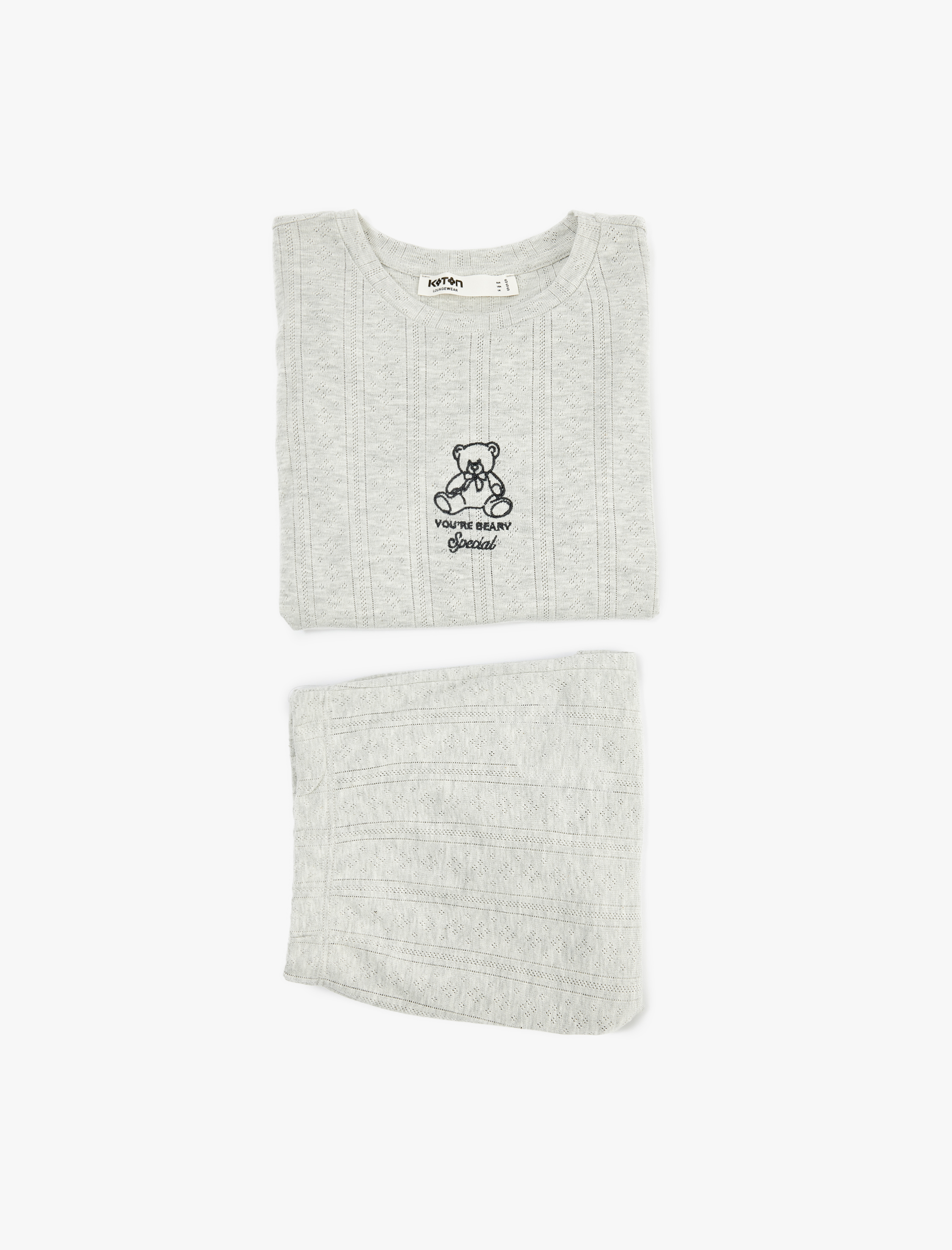   Kısa Kollu Bisiklet Yaka Ayıcık Detaylı Şortlu Pijama Takımı