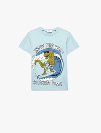 Dinozor Baskılı Kısa Kollu Bisiklet Yaka Pamuklu Tişört