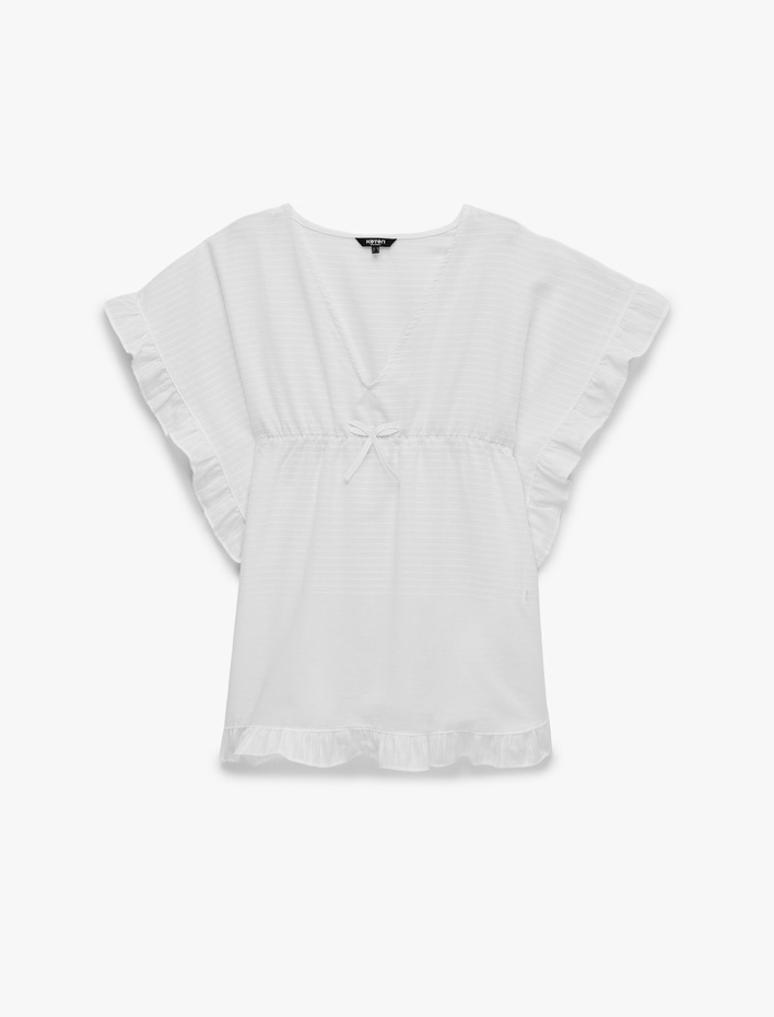  Pamuklu Oversize Fırfırlı Mini Plaj Elbisesi