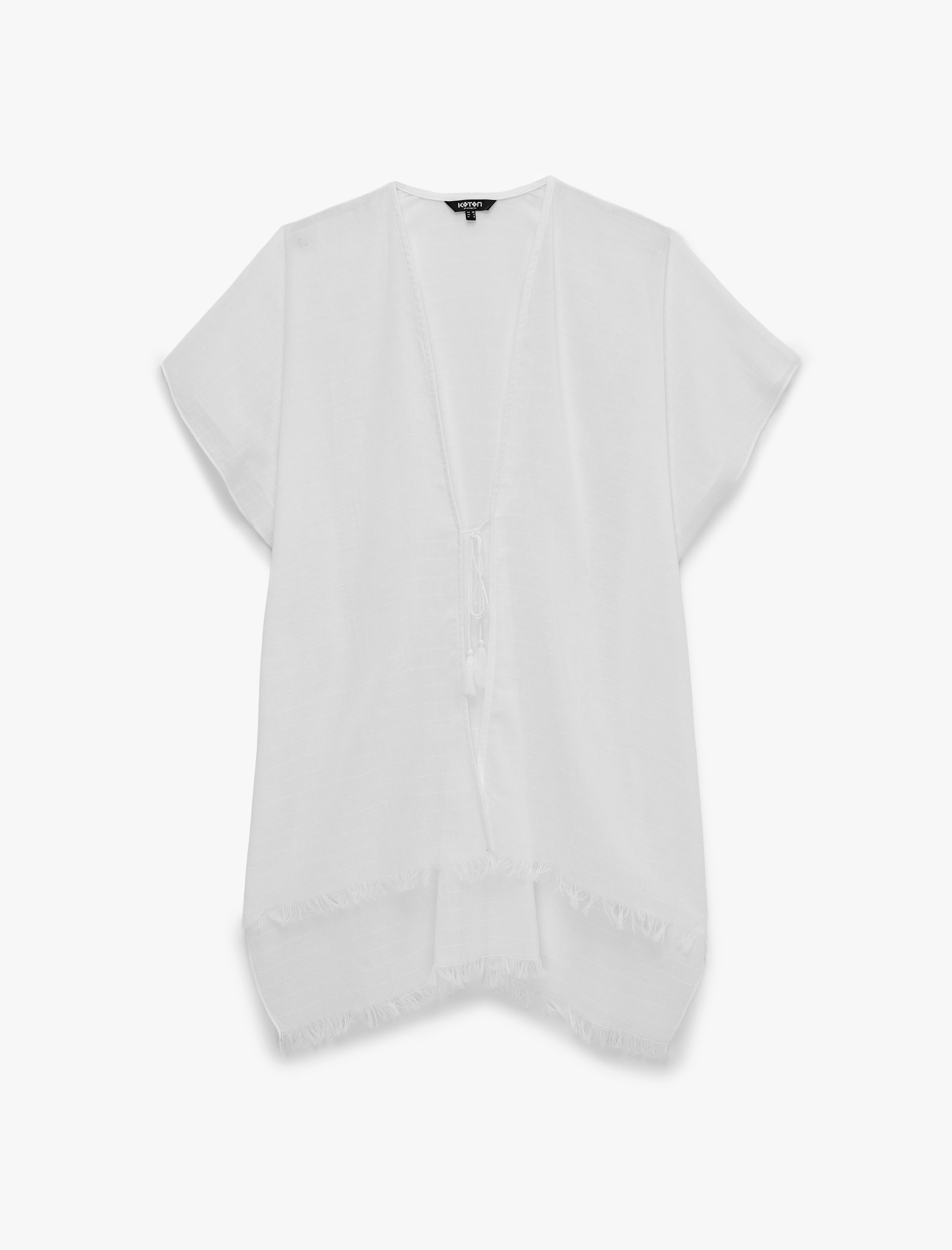   Keten Görünümlü Rahat Kalıp Püskül Detaylı Karpuz Kol Plaj Elbisesi