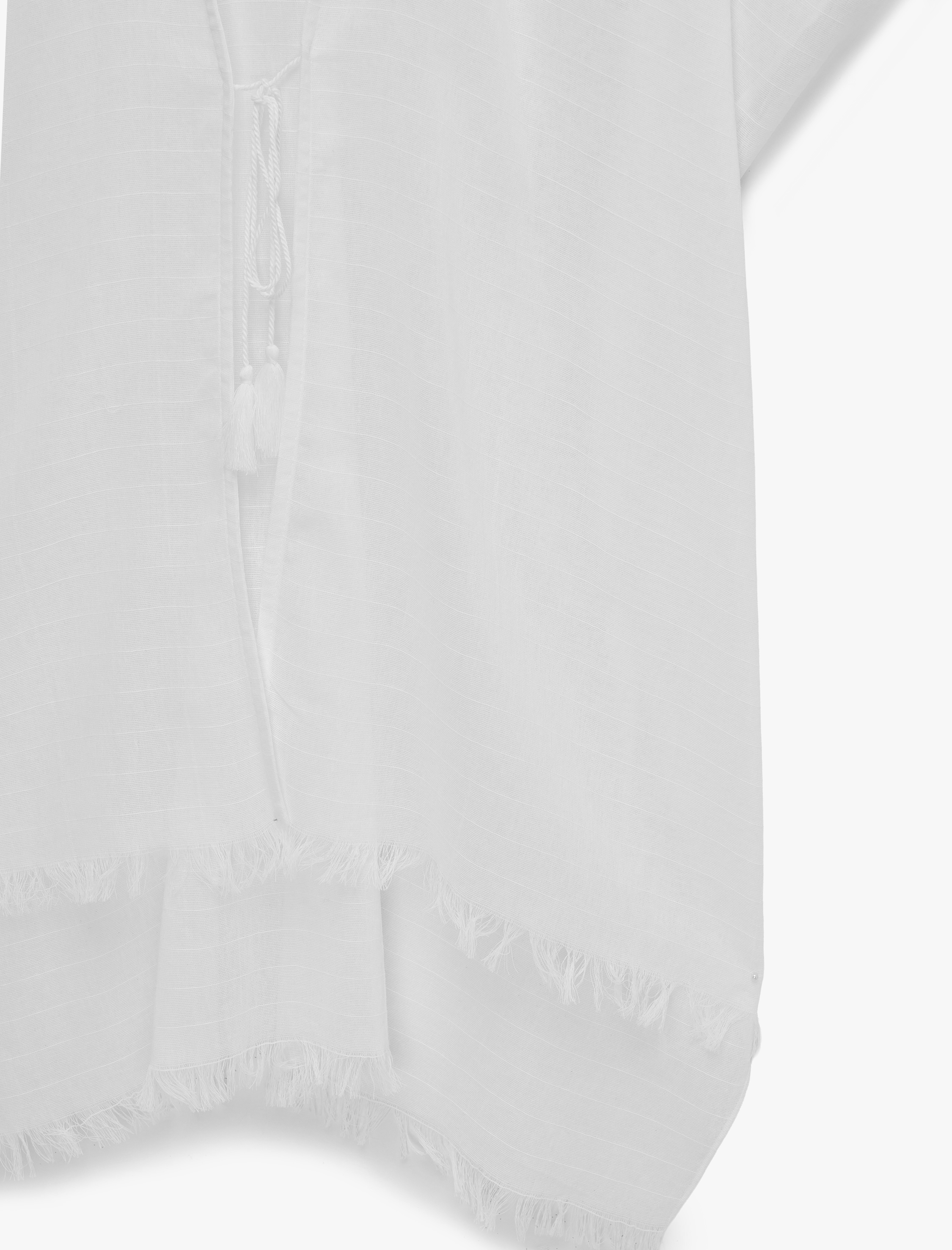   Keten Görünümlü Rahat Kalıp Püskül Detaylı Karpuz Kol Plaj Elbisesi