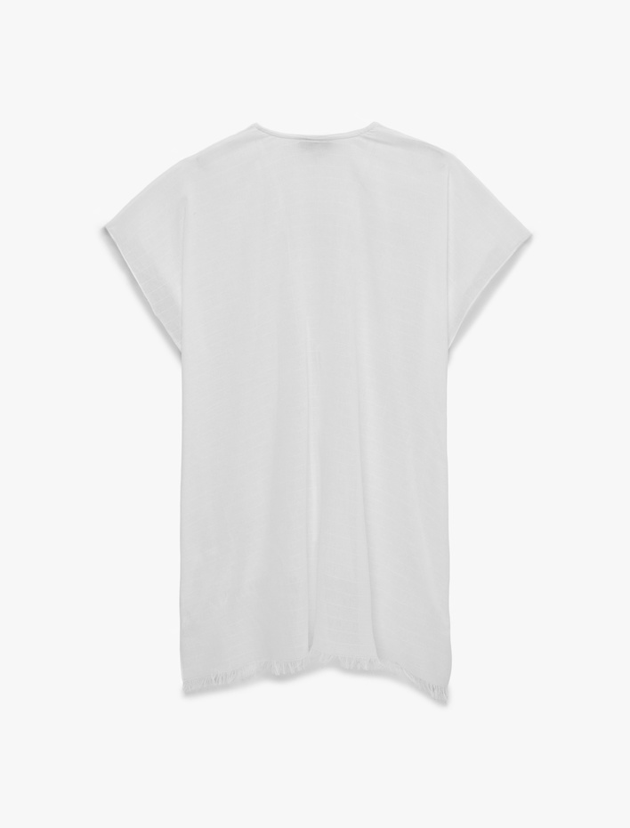  Keten Görünümlü Rahat Kalıp Püskül Detaylı Karpuz Kol Plaj Elbisesi