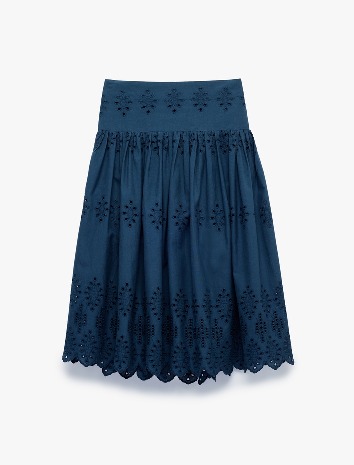 Kız Çocuk Beli Lastikli Brodeli Pamuklu Bol Kesim Midi Etek