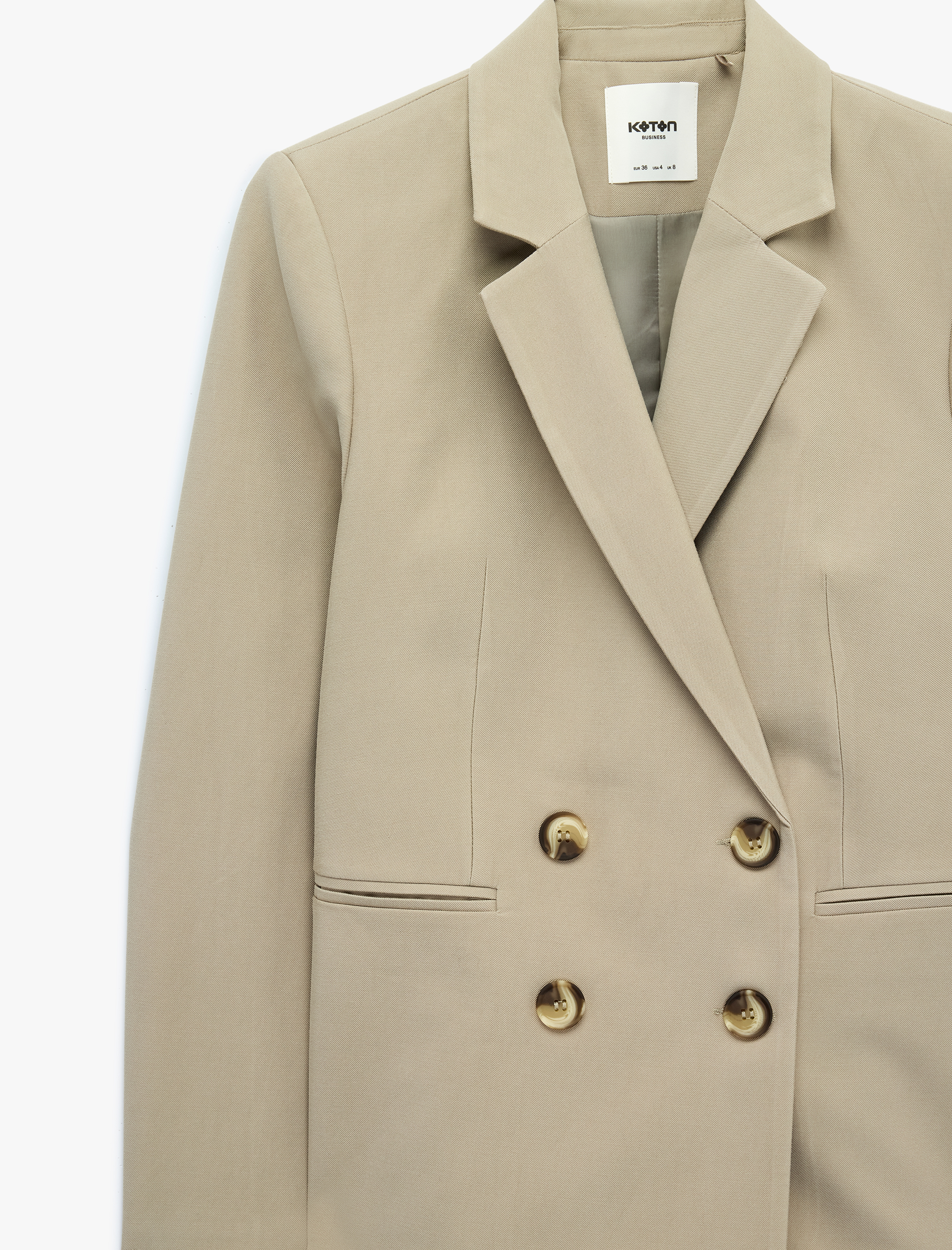   Viskon Düğmeli Cep Detaylı Uzun Kollu Kruvaze Yaka Blazer Ceket