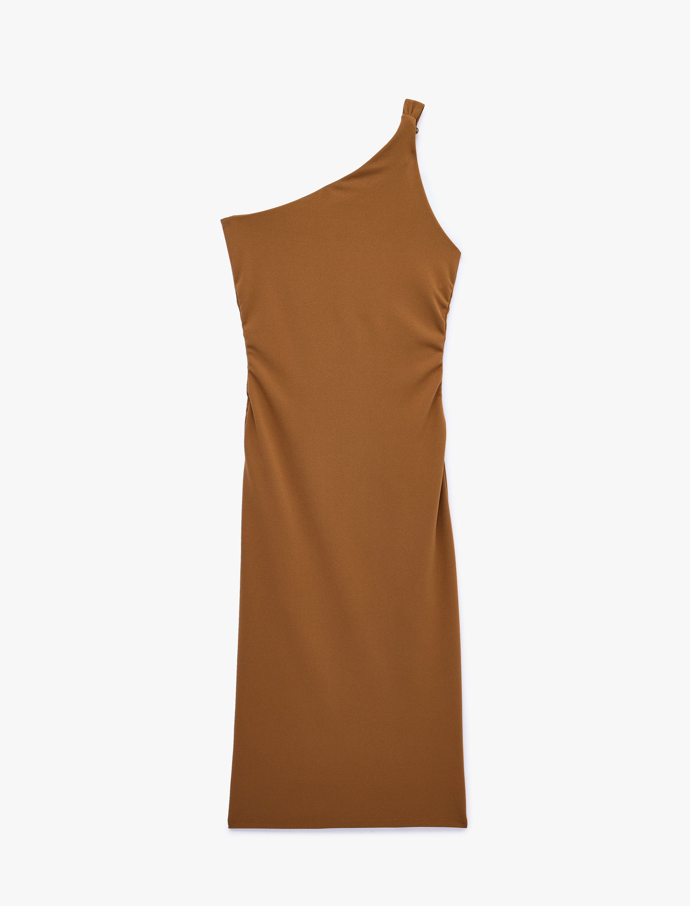   Slim Fit Aksesuar Detaylı Drapeli Midi Boy Tek Omuz Kalem Elbise