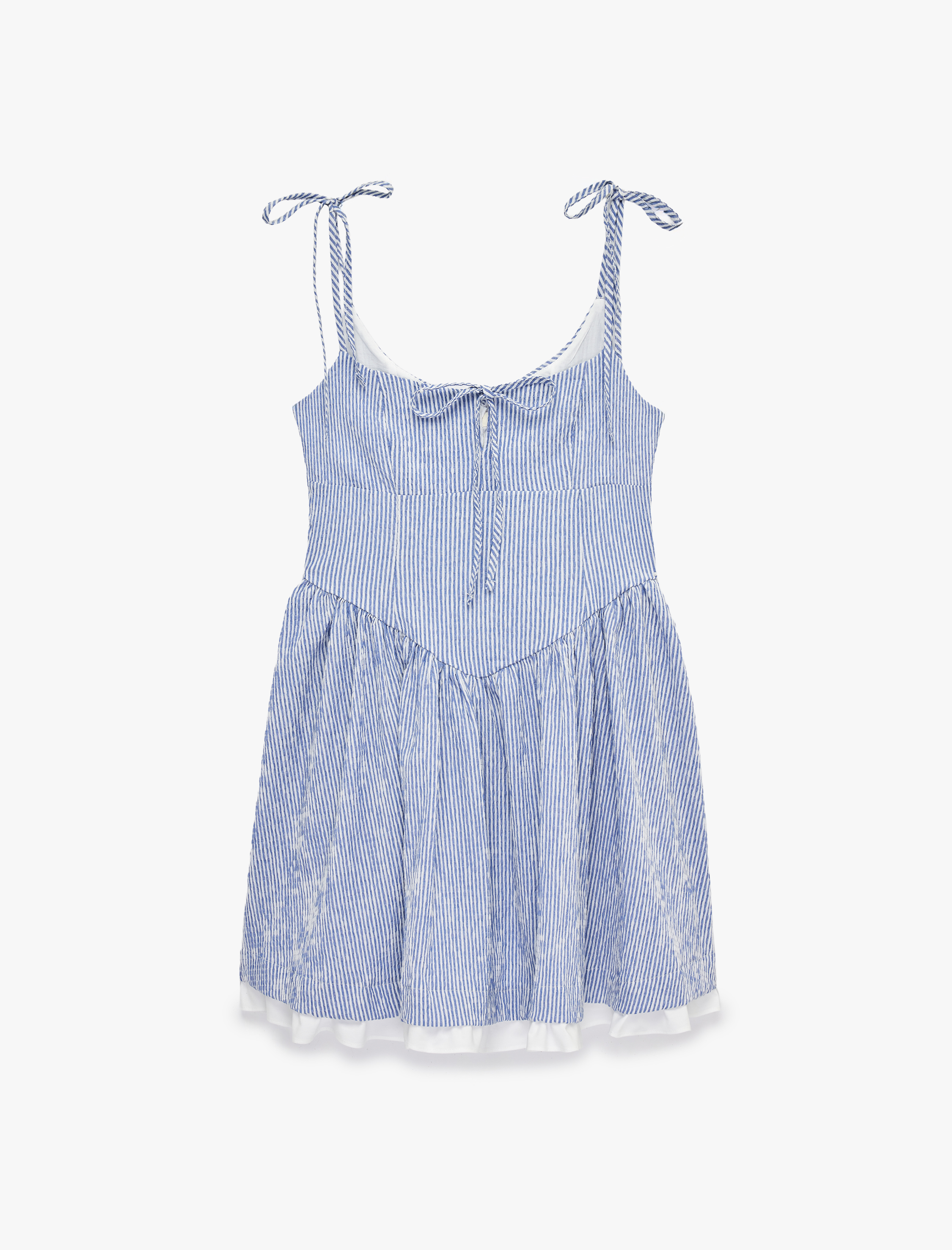   Kolsuz Bağlamalı Yaka Volanlı Çizgili Kloş Mini Askılı Elbise