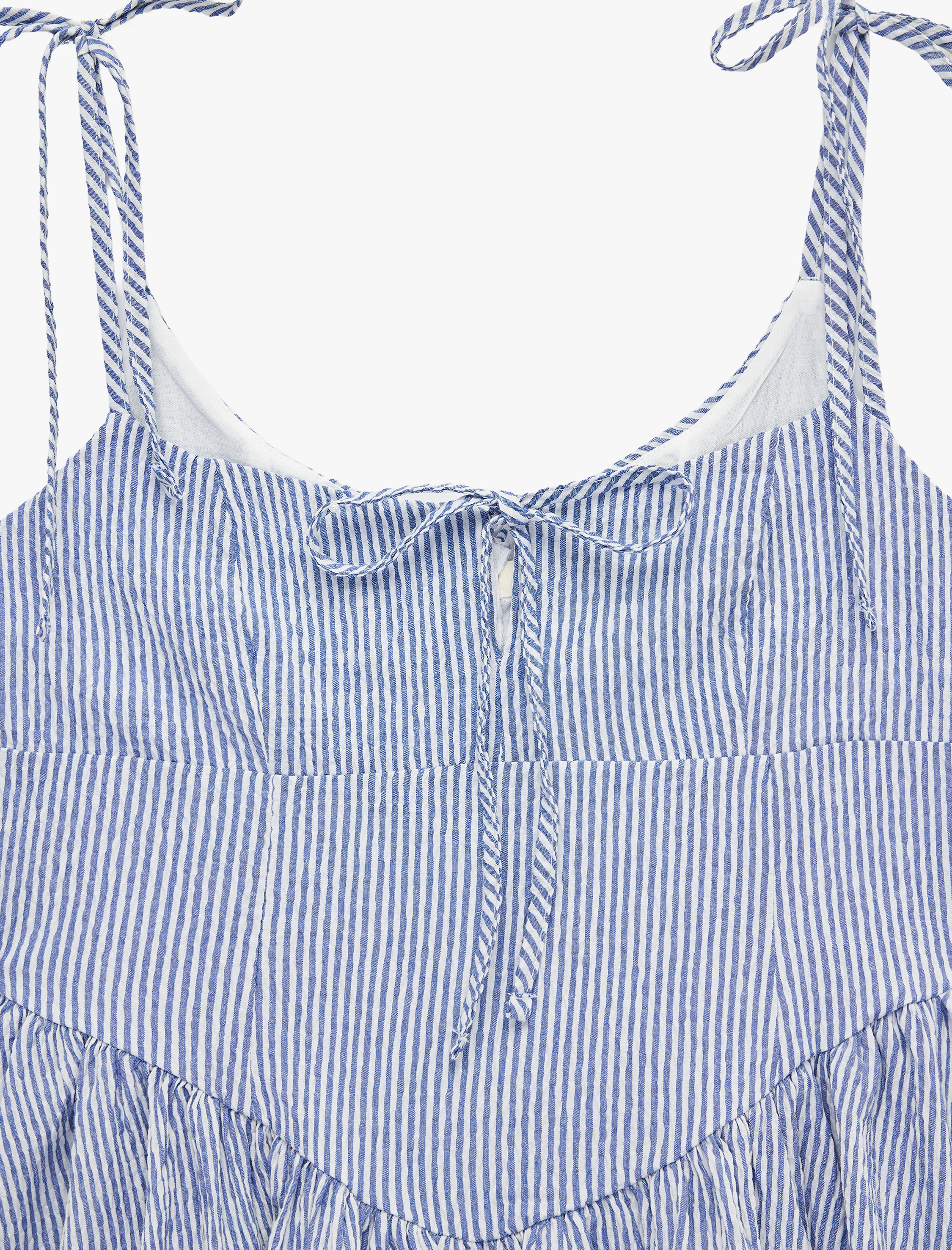   Kolsuz Bağlamalı Yaka Volanlı Çizgili Kloş Mini Askılı Elbise