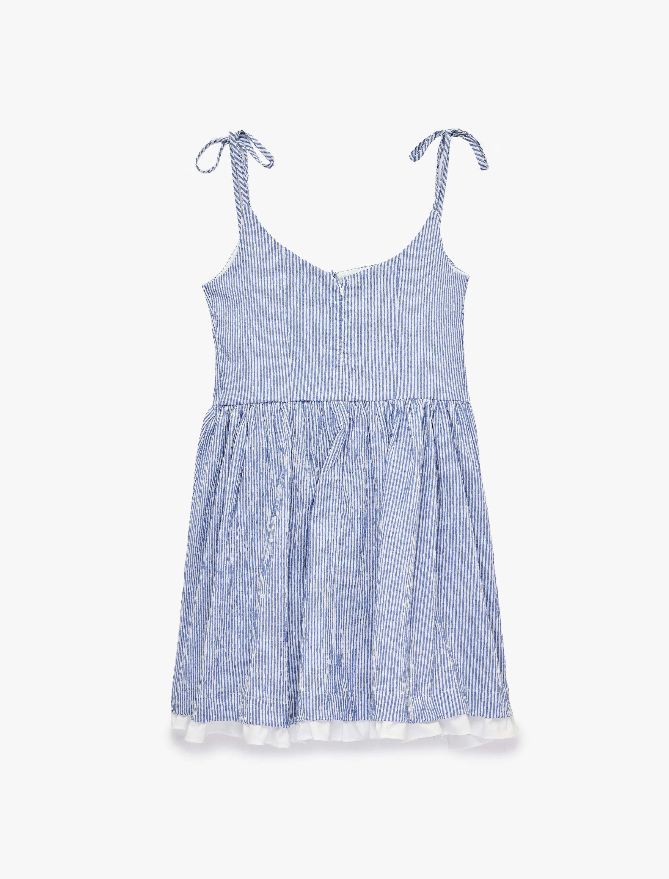   Kolsuz Bağlamalı Yaka Volanlı Çizgili Kloş Mini Askılı Elbise