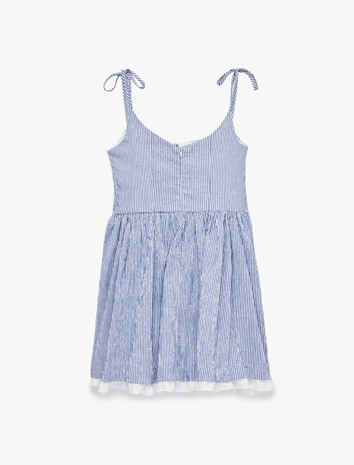  Kolsuz Bağlamalı Yaka Volanlı Çizgili Kloş Mini Askılı Elbise