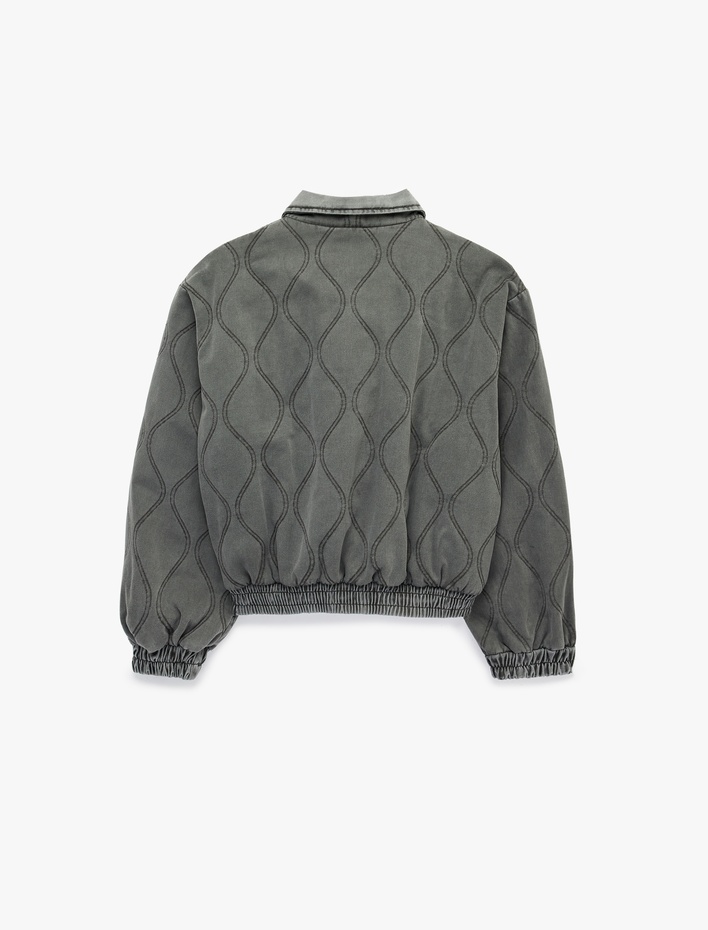  Cepli Yıkamalı Uzun Kollu Dik Yaka Fermuarlı Kapitoneli Ceket