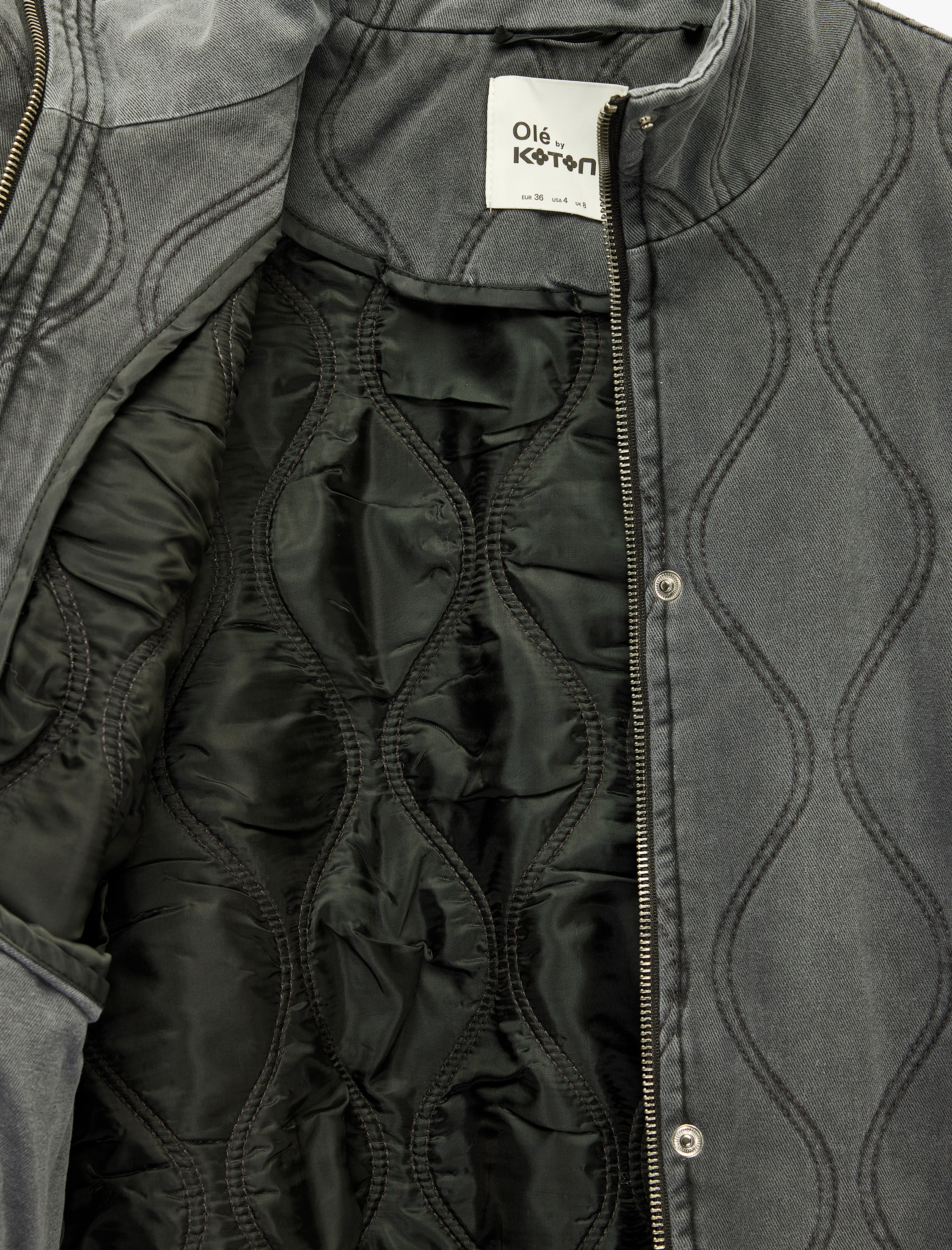   Cepli Yıkamalı Uzun Kollu Dik Yaka Fermuarlı Kapitoneli Ceket