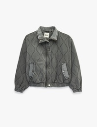 Cepli Yıkamalı Uzun Kollu Dik Yaka Fermuarlı Kapitoneli Ceket