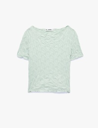 Bürümcük Kumaş Slim Fit Kısa Kollu Kayık Yaka Crop Tişört