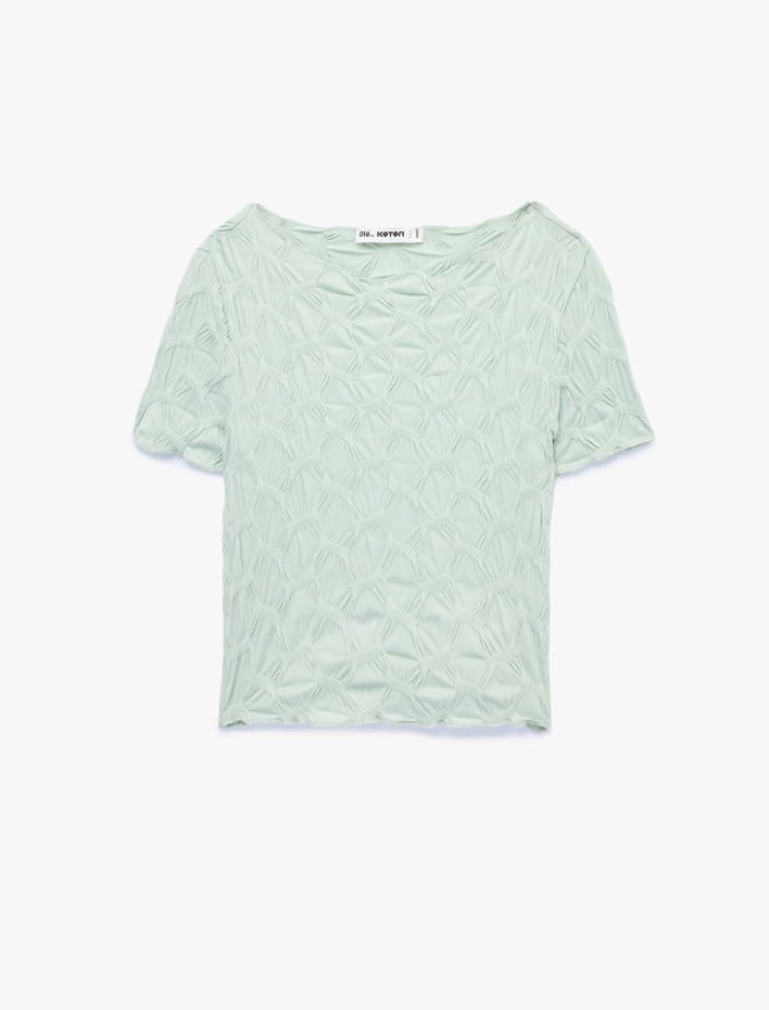  Bürümcük Kumaş Slim Fit Kısa Kollu Kayık Yaka Crop Tişört