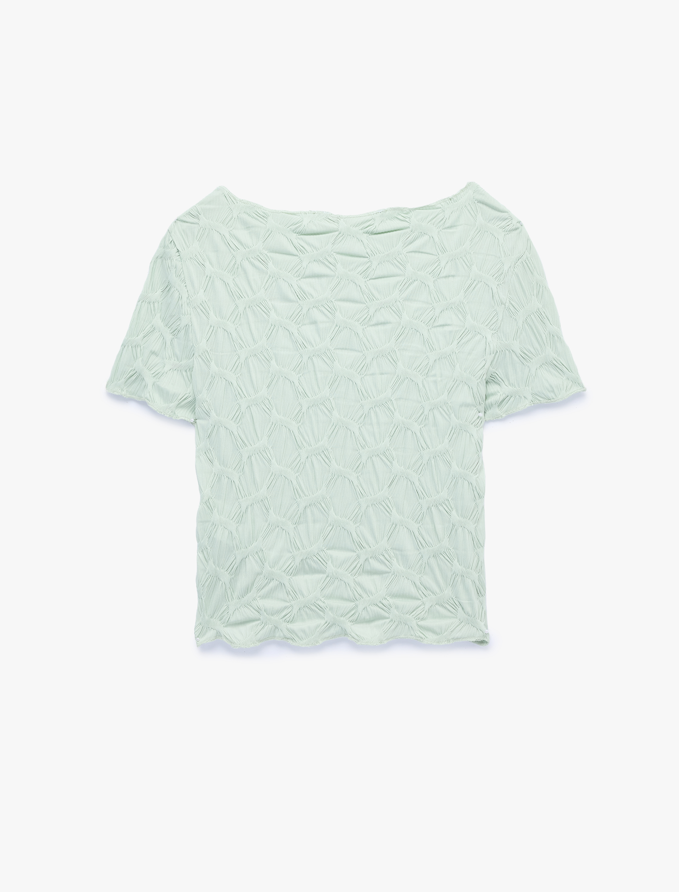   Bürümcük Kumaş Slim Fit Kısa Kollu Kayık Yaka Crop Tişört