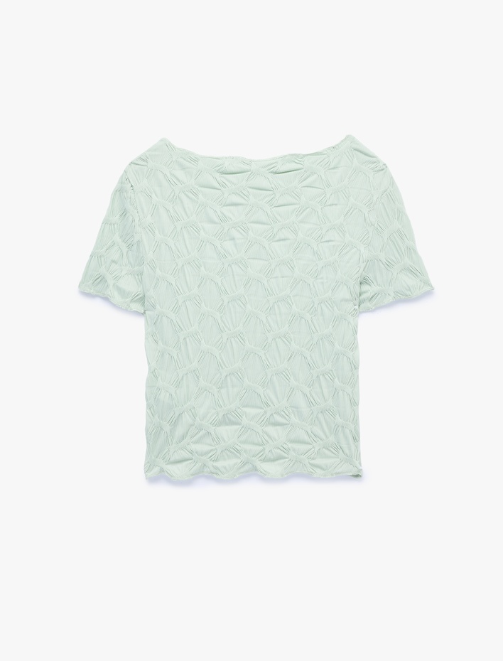  Bürümcük Kumaş Slim Fit Kısa Kollu Kayık Yaka Crop Tişört