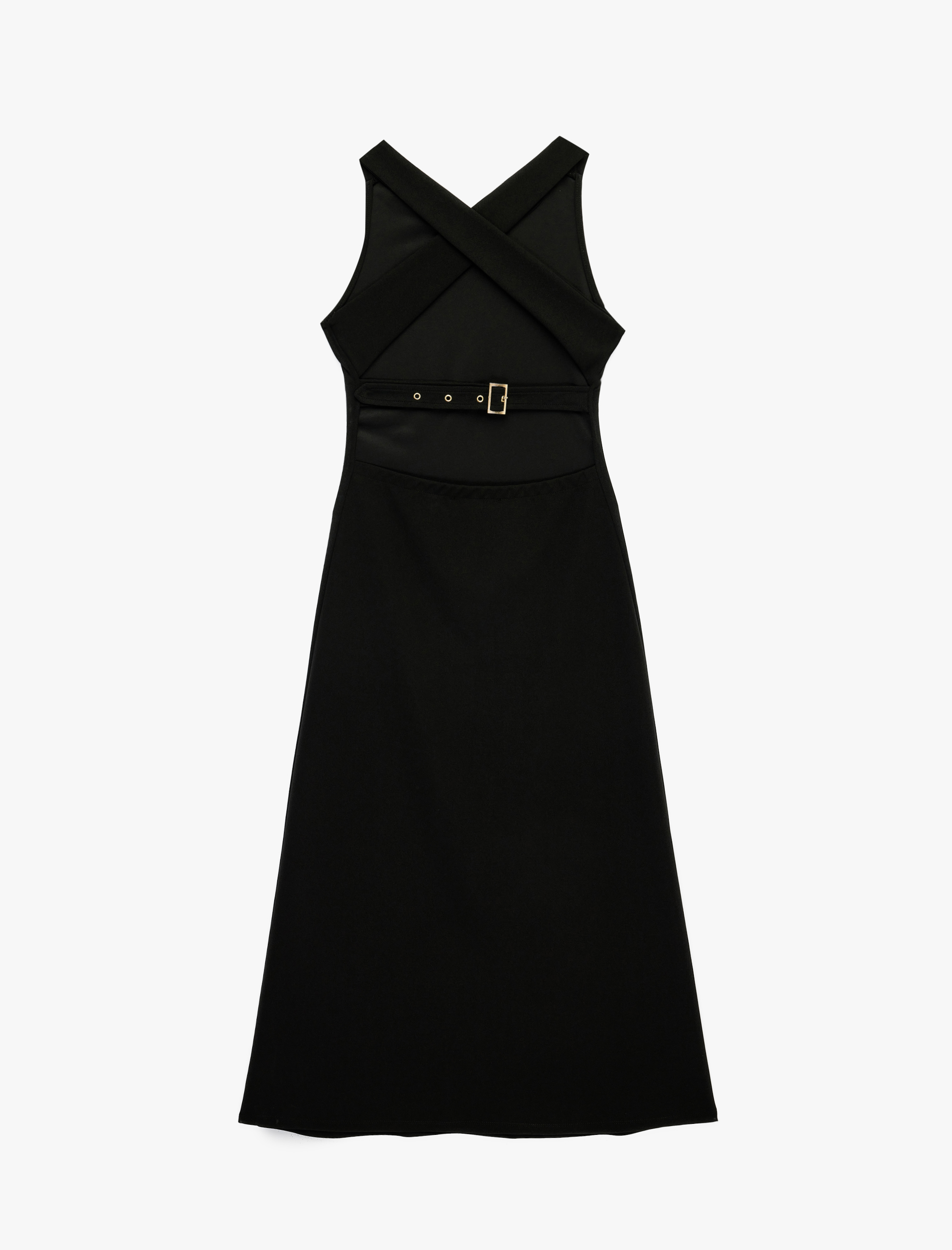   Krep Scuba Kumaş Arkası Çapraz Askılı Sırt Dekolteli Midi Elbise