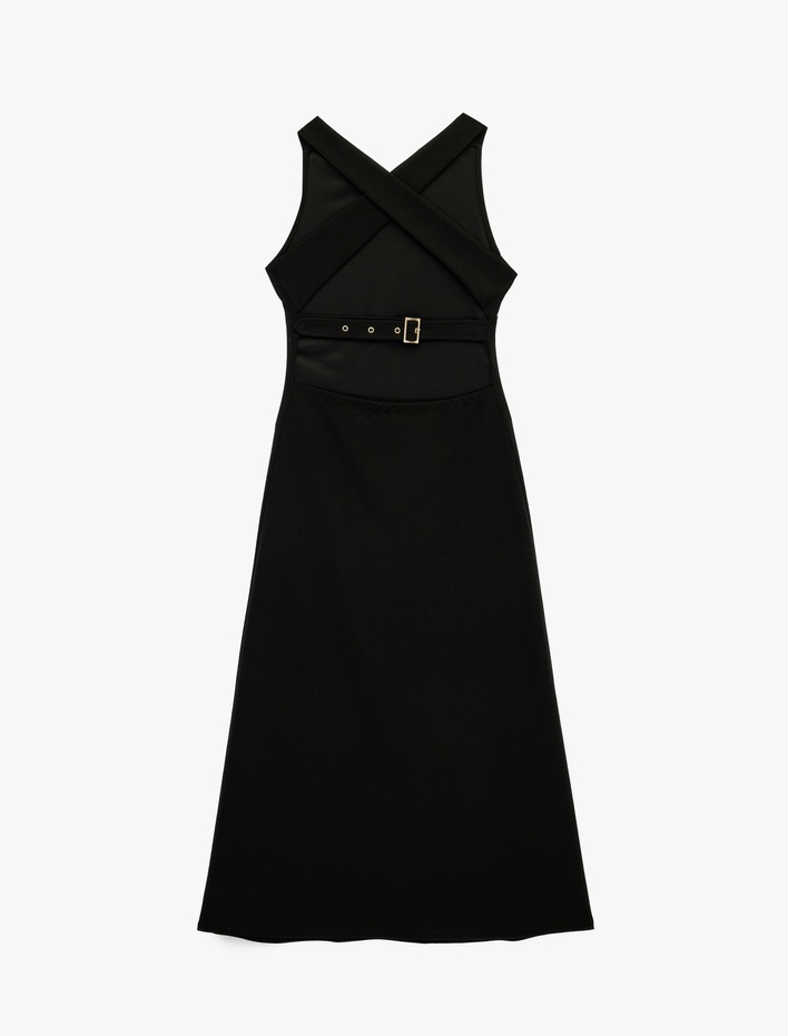  Krep Scuba Kumaş Arkası Çapraz Askılı Sırt Dekolteli Midi Elbise