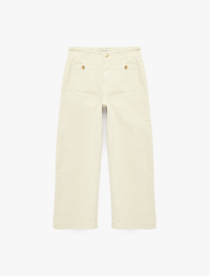  Yüksek Bel Pamuklu Cep Detaylı Geniş Kısa Paça Pantolon - Culotte Jeans