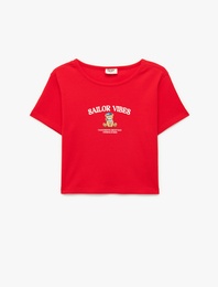 Ribanalı Kısa Kollu Bisiklet Yaka Baskılı Crop Tişört