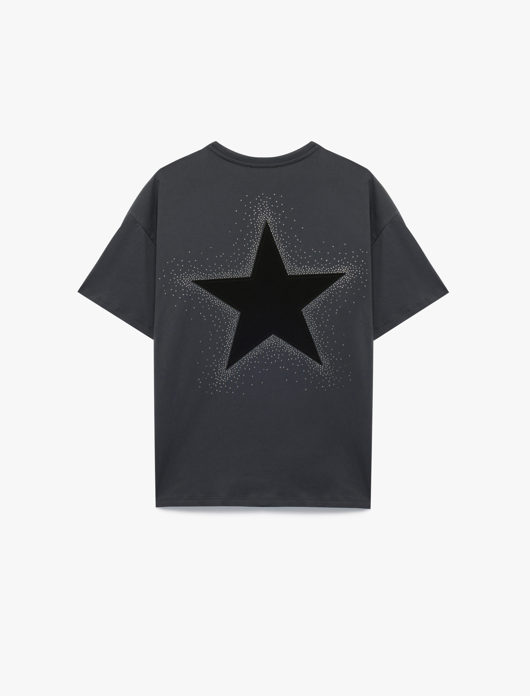   Rahat Kalıp Kısa Kollu Bisiklet Yaka Arkası Baskılı Taş Detaylı Tişört