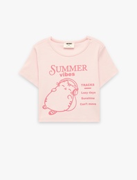 Pamuklu Kısa Kollu Bisiklet Yaka Baskılı Tişört