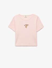 Nakış Detaylı Bisiklet Yaka Kısa Kollu Pamuklu Tişört