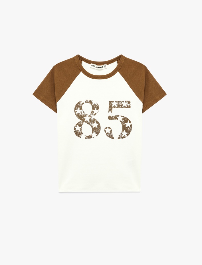  Baskılı Kısa Reglan Kollu Slim Fit Bisiklet Yaka Crop Tişört