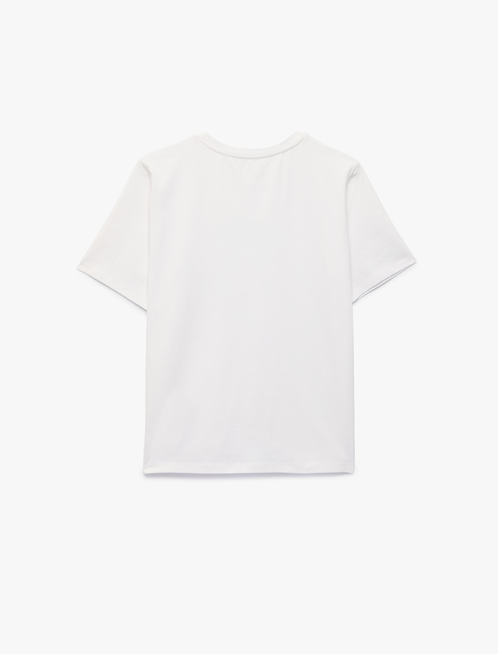  Pamuklu Kısa Kollu Bisiklet Yaka Baskılı Dantel Detaylı Tişört