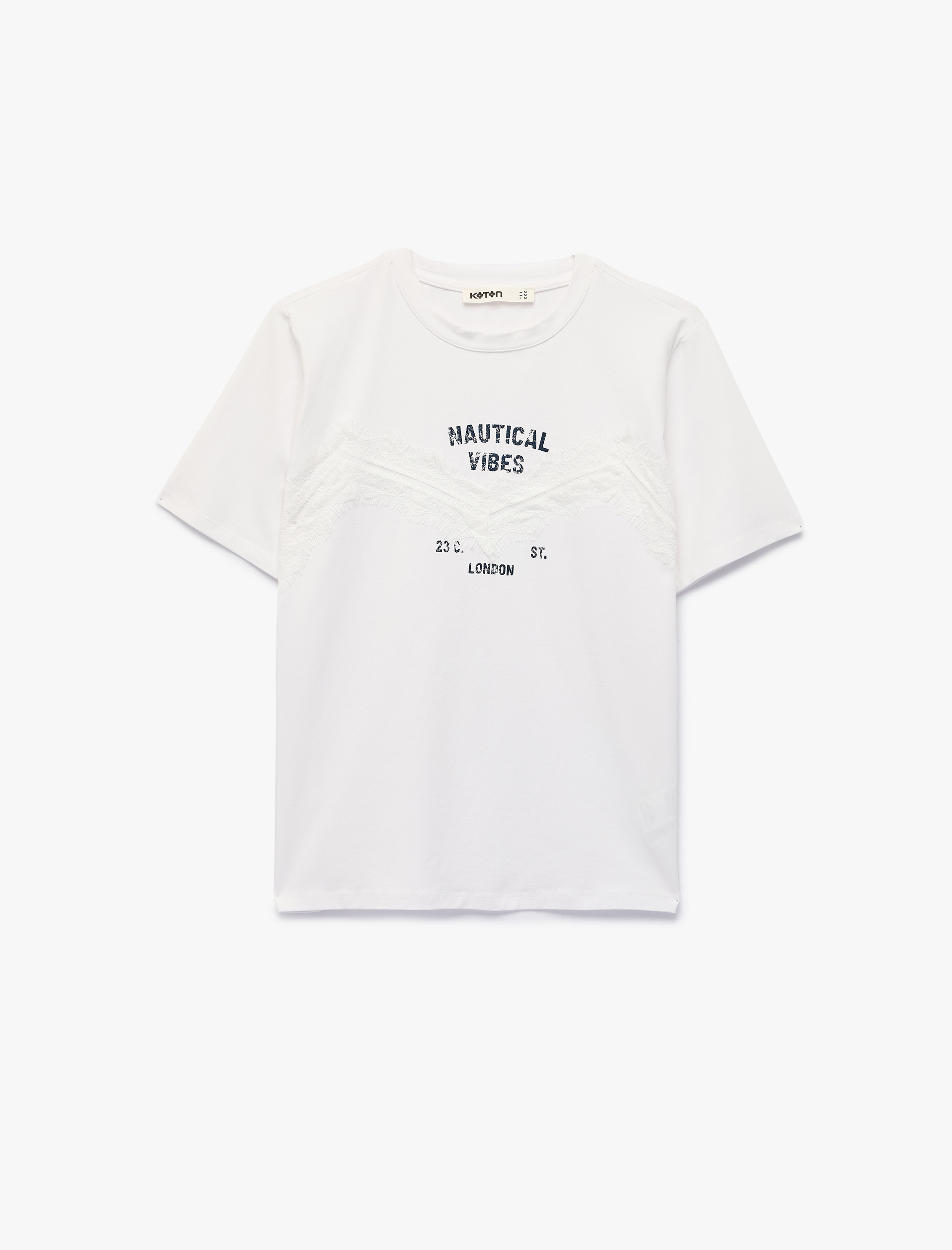   Pamuklu Kısa Kollu Bisiklet Yaka Baskılı Dantel Detaylı Tişört