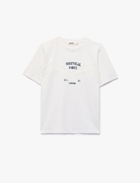 Pamuklu Kısa Kollu Bisiklet Yaka Baskılı Dantel Detaylı Tişört