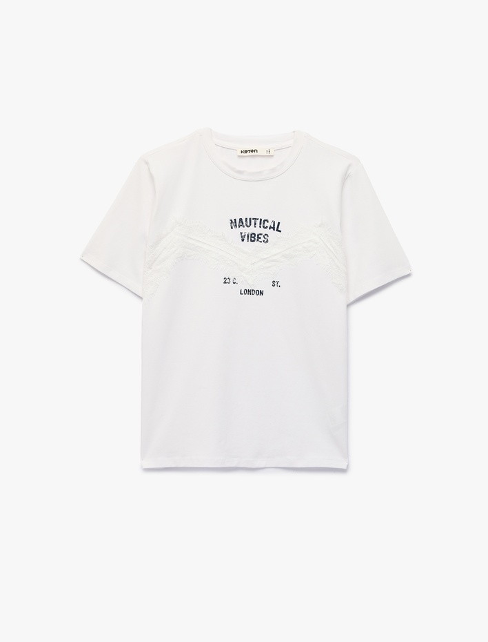  Pamuklu Kısa Kollu Bisiklet Yaka Baskılı Dantel Detaylı Tişört