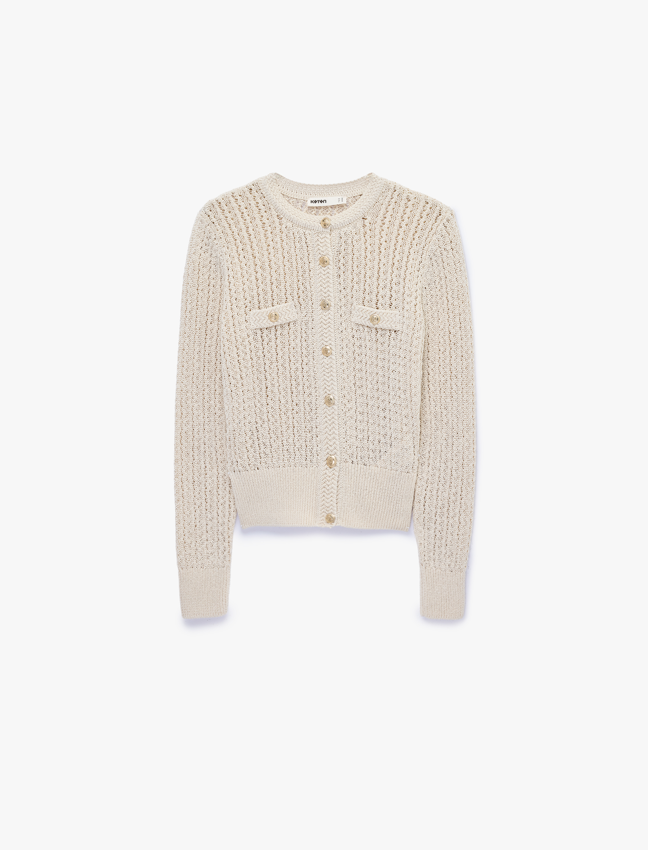   Düğmeli Uzun Kollu Bisiklet Yaka Ajurlu Triko Hırka