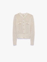 Düğmeli Uzun Kollu Bisiklet Yaka Ajurlu Triko Hırka