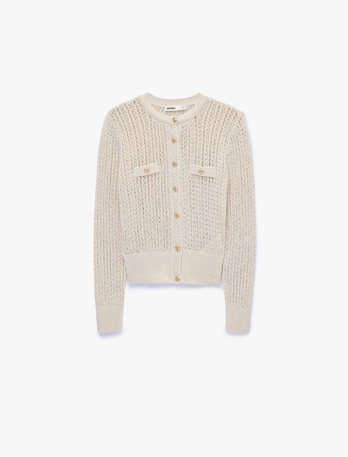  Düğmeli Uzun Kollu Bisiklet Yaka Ajurlu Triko Hırka