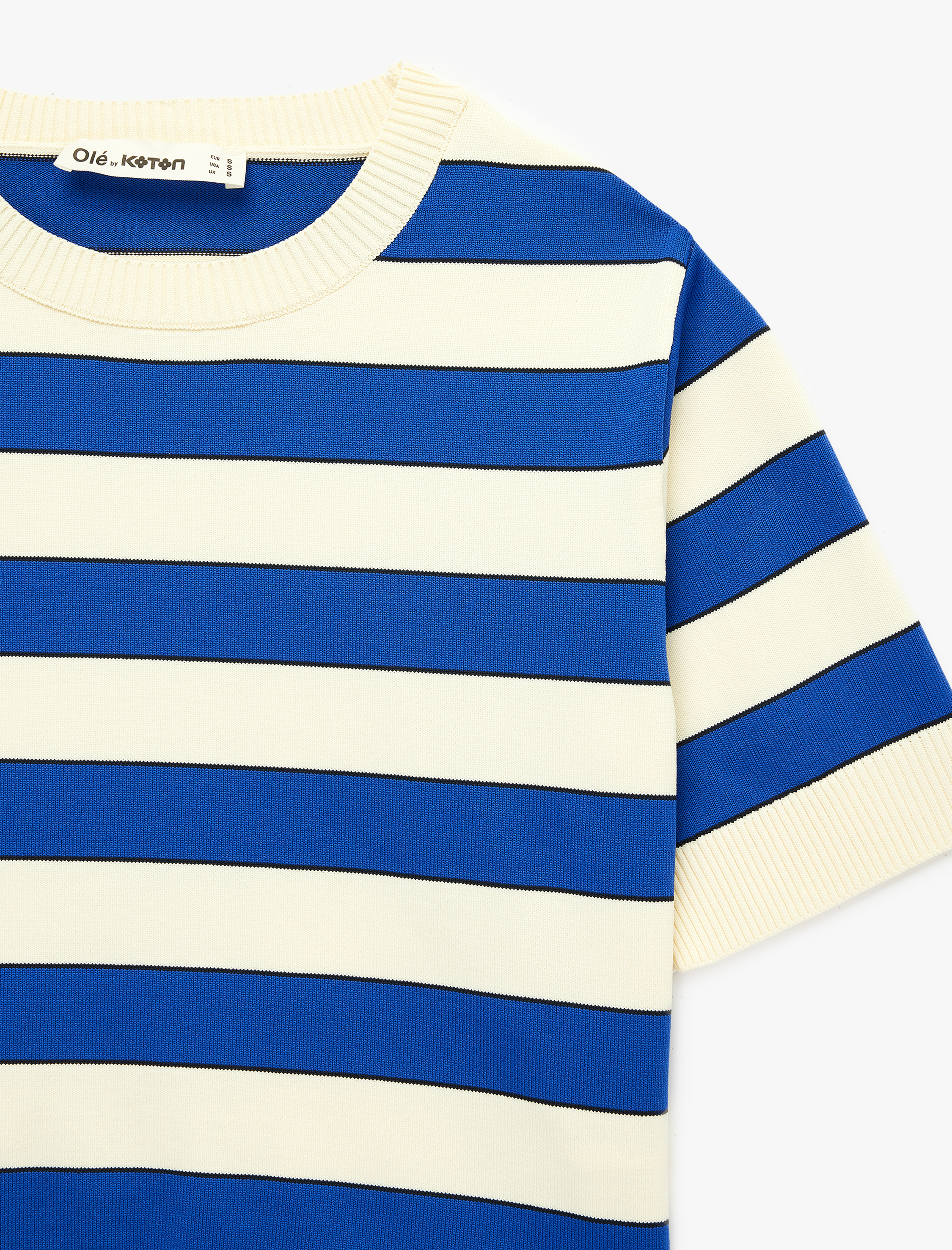   Kısa Kollu Çizgili Bisiklet Yaka Triko Kazak