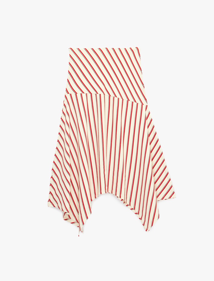  Düşük Bel Çizgili Asimetrik Kesim Rahat Kalıp Midi Etek