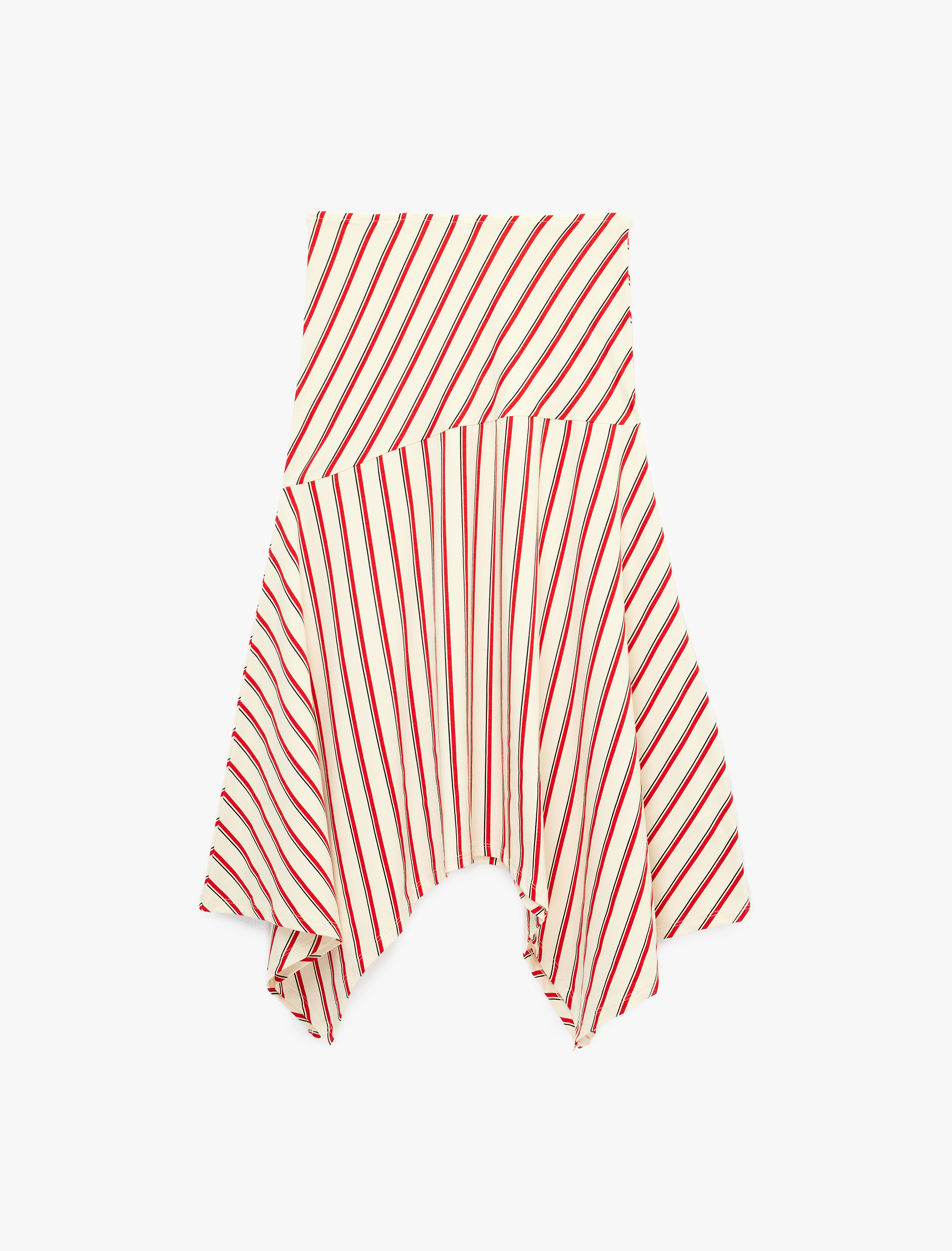   Düşük Bel Çizgili Asimetrik Kesim Rahat Kalıp Midi Etek