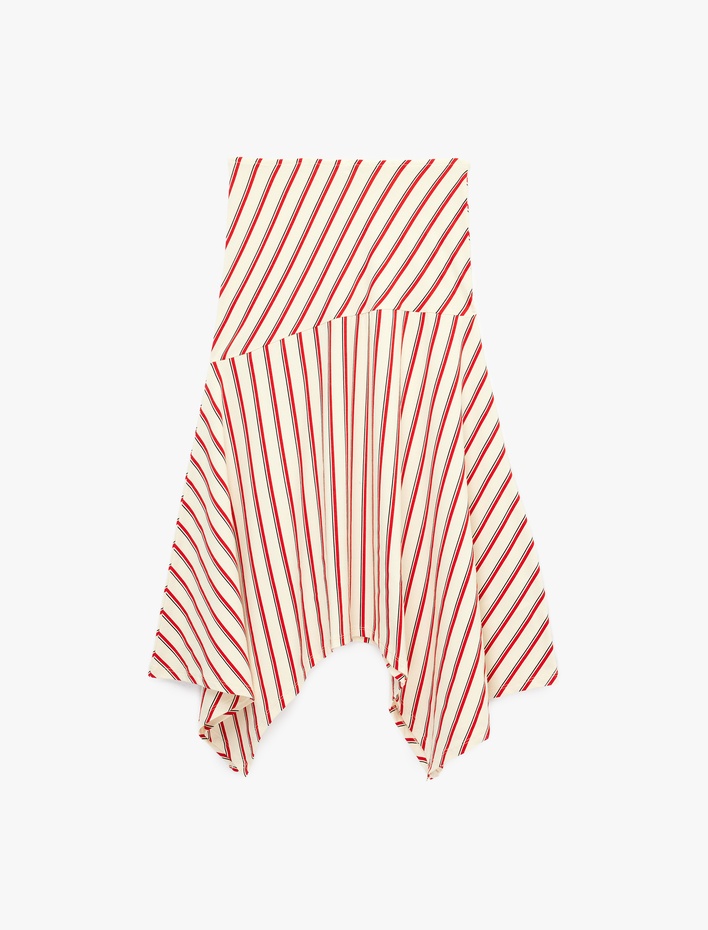  Düşük Bel Çizgili Asimetrik Kesim Rahat Kalıp Midi Etek