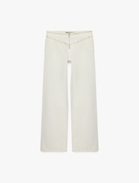 Düşük Bel Troklu Fermuarlı Cep Detaylı Geniş Paça Pantolon - Wide Leg Jeans