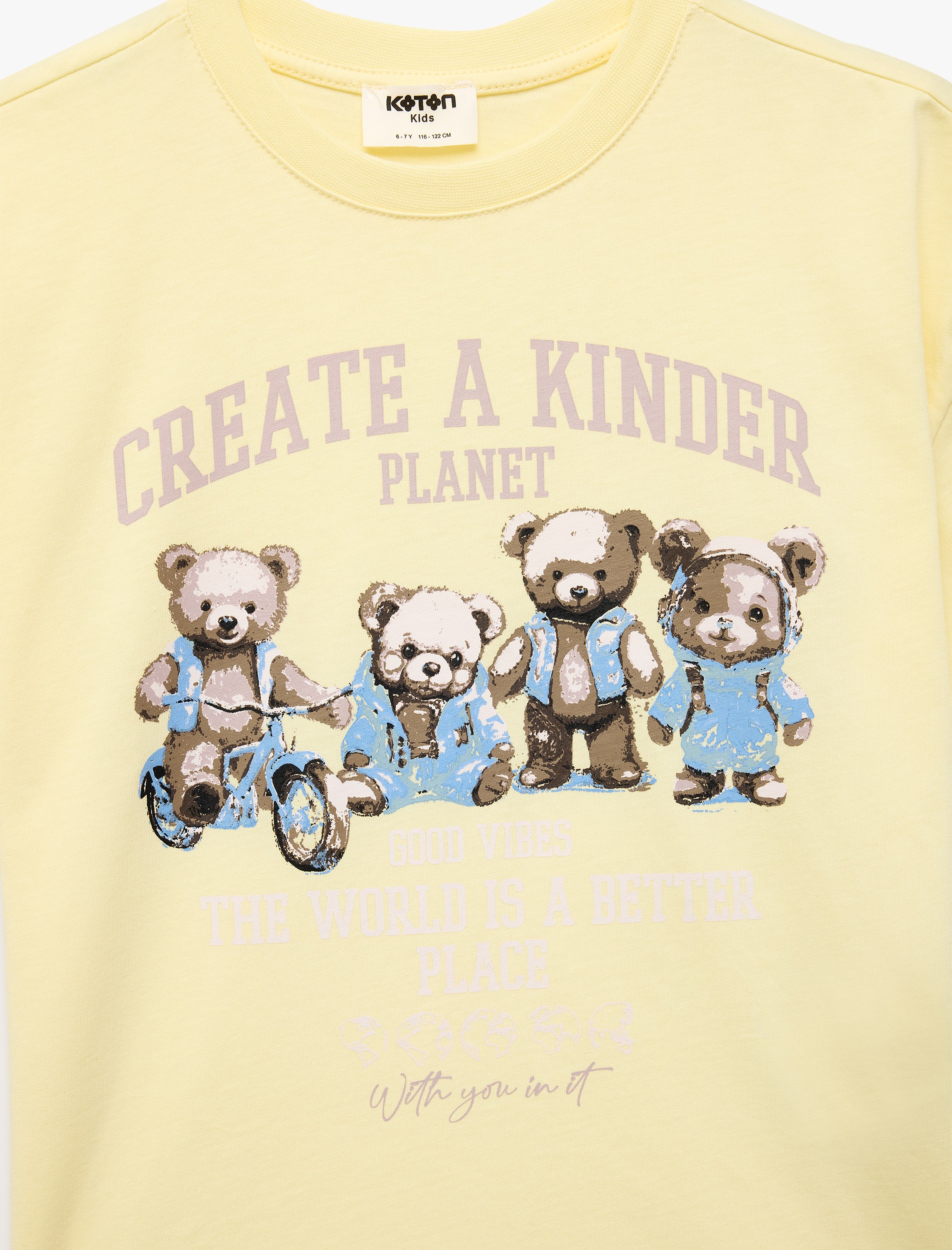  Kız Çocuk Pamuklu Ayıcık Baskılı Kısa Kollu Bisiklet Yaka Tişört