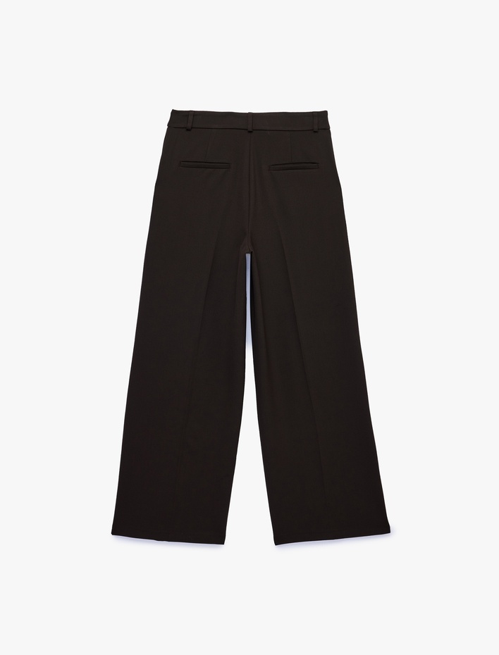  Cepli Pile Detaylı Yüksek Bel Düz Geniş Paça Palazzo Pantolon