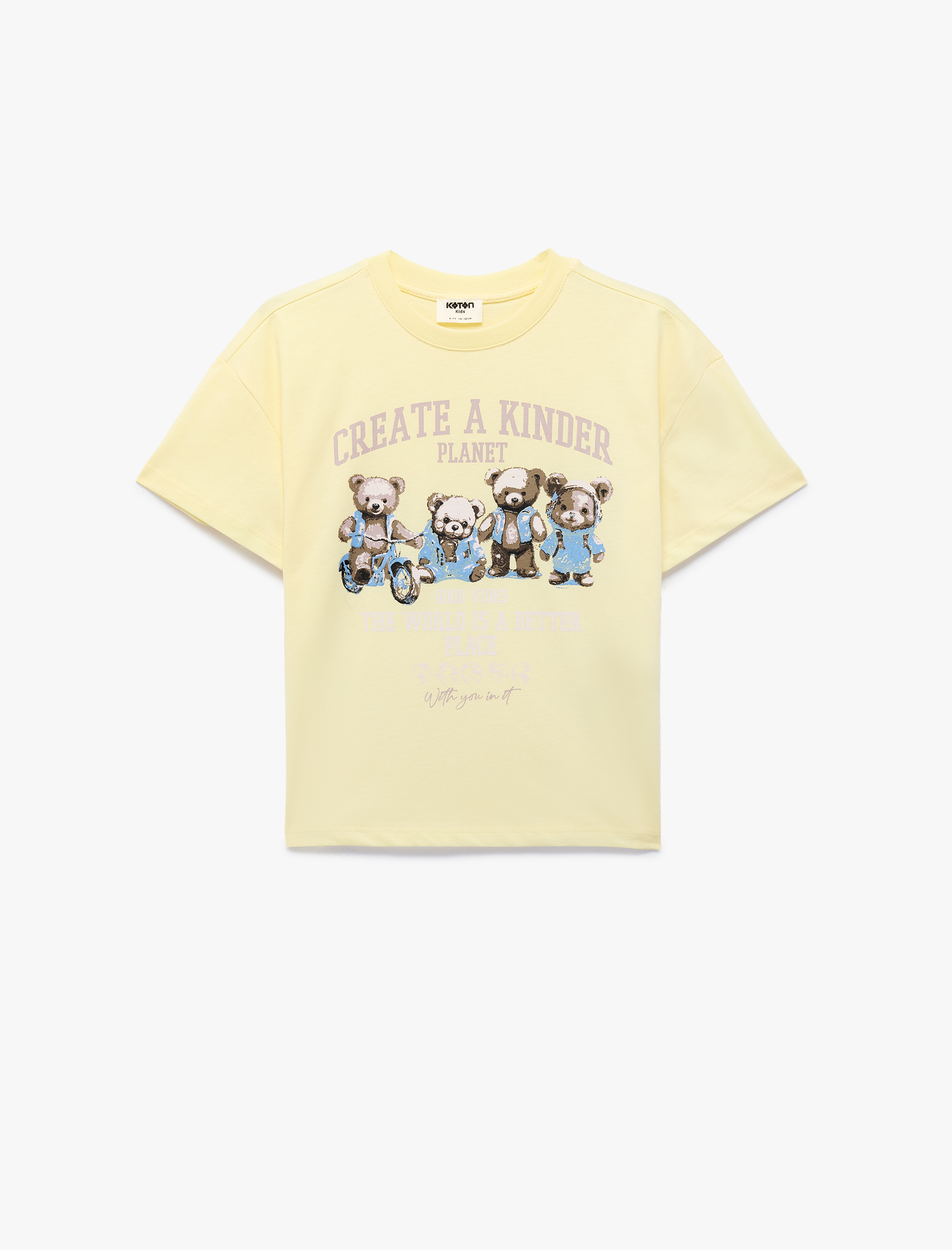  Kız Çocuk Pamuklu Ayıcık Baskılı Kısa Kollu Bisiklet Yaka Tişört