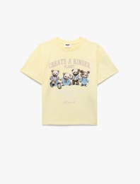 Pamuklu Ayıcık Baskılı Kısa Kollu Bisiklet Yaka Tişört