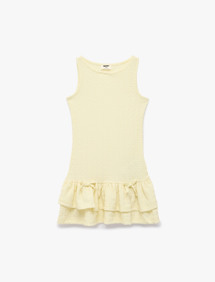 Kız Çocuk Bisiklet Yaka Kolsuz Fiyonklu Kat Detaylı Fırfırlı Elbise