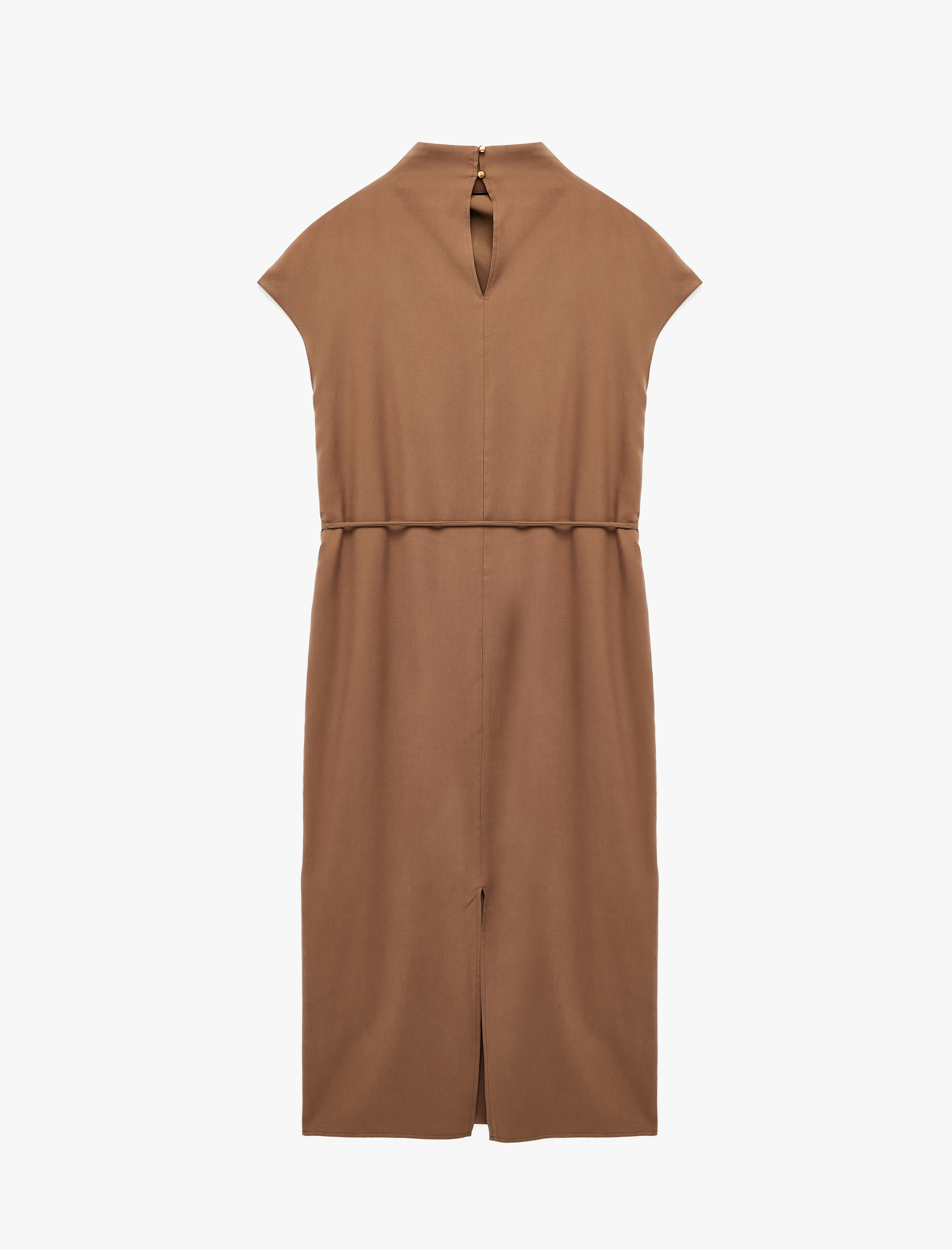   Viskon Kupro Kumaş Kap Kol Bağlama Detaylı Dik Yaka Drapeli Midi Elbise